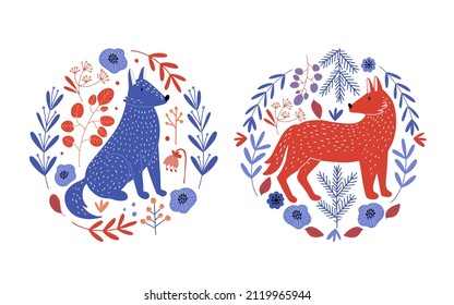 Two circle shape icons with red and blue wolfs, surrounded with flowers and leaves. Isolated vector illustration