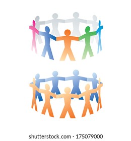 two circles of colorful paper people on white background