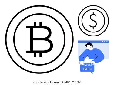 Two circles containing Bitcoin and dollar symbols and a person holding cash back text. Ideal for cryptocurrency, finance, rewards, online transactions, and digital currency topics. Minimalist, modern