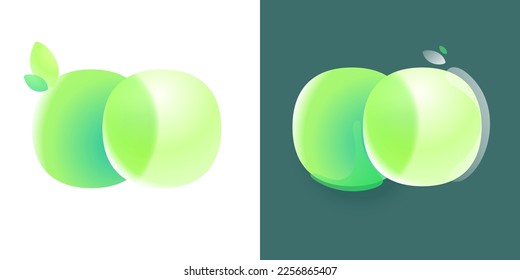 Two circles eco logo with green gradient and leaf in Glassmorphism style. Environment friendly icon made of overlapping parts for agriculture art, waste recycling app, healthy food packaging.