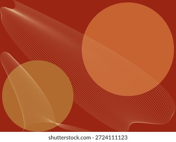 Dos círculos y dos formas de efectos de línea en fondo de color semi marrón a rojo.