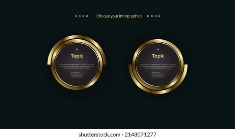 Two circles golden infographic option template design, objects, elements on dark background. and premuim banners for web buttons and work flow design