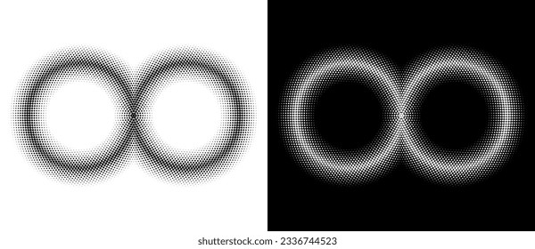 Two circles as halftone dotted abstract background. Black shape on a white background and the same white shape on the black side.