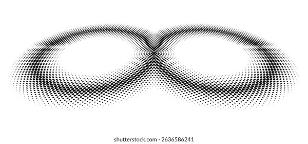 Dos círculos como fondo abstracto punteado de medio tono. Vista de Perspectiva. Forma negra sobre un fondo blanco.