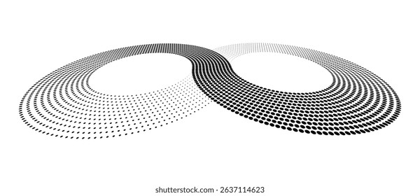 Two circles as halftone dotted abstract background. Perspective view. Black shape on a white background.