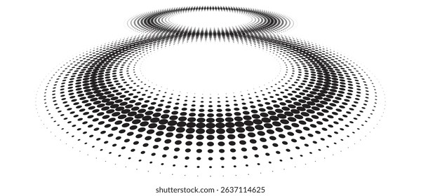 Two circles as halftone dotted abstract background. Perspective view. Black shape on a white background.