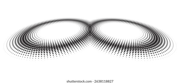 Two circles as halftone dotted abstract background. Perspective view. Black shape on a white background.