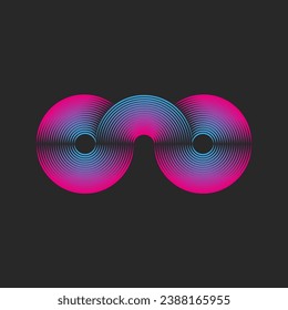 Two circles of the logo made of thin parallel lines connected by an arc bridge, creative round geometric shapes blue pink gradient in the power of cyberpunk.