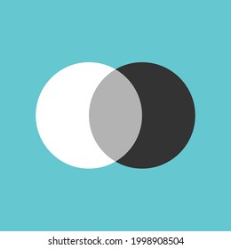 Two circles merging, white and black. Merger, integration, synthetic creativity, synergy, opposites, unity and teamwork concept. Flat design. EPS 8 vector illustration, no transparency, no gradients