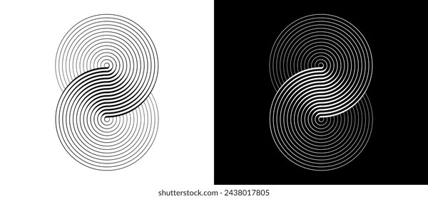 Two circles in a spiral or infinity symbol. Art lines illustration as logo or tattoo, icon. Black shape on a white background and the same white shape on the black side.