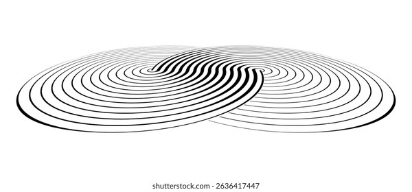 Zwei Kreise in einer Spirale oder Unendlichkeit Symbol. Illustration von Kunstlinien als Logo oder Tattoo, Symbol. Perspektive mit Verzerrung.