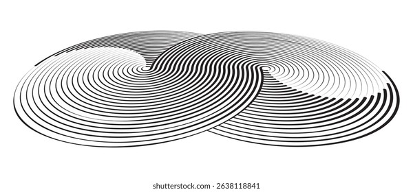 Two circles in a spiral or infinity symbol. Art lines illustration as logo or tattoo, icon. Perspective view with distortion.