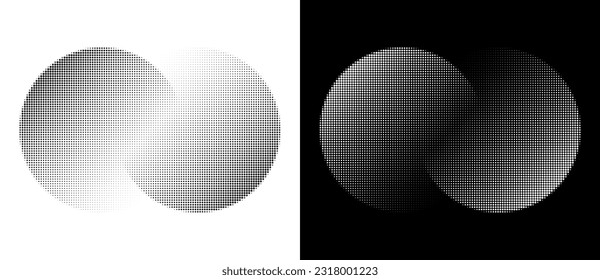 Zwei Kreise mit Übergang oder Einheit. Halftone abstrakter Hintergrund. Schwarze Form auf weißem Hintergrund und dieselbe weiße Form auf schwarzer Seite.