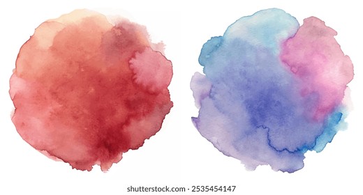 Two circles of watercolor paint, one red and one blue. The red circle is larger than the blue one