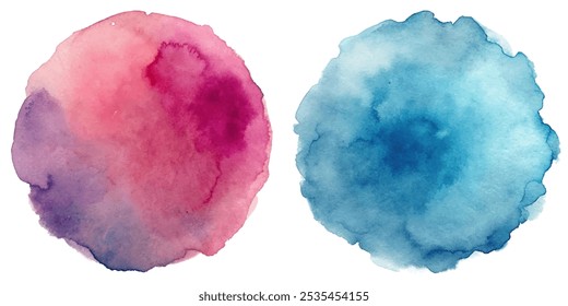 Two circles of watercolor paint, one blue and one pink. The blue circle is larger than the pink one