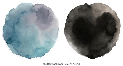 Two circles of watercolor paint, one blue and one black. The blue circle is larger than the black one