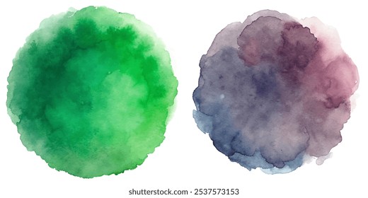 Two circles of watercolor paint, one green and one purple. The green circle is larger than the purple one