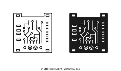 Two circuit board featuring intricate electronic pathways and connection nodes, presented in both outline and solid black styles on a white background, for technology and, hardware engineering concepts
