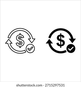 Dos flechas circulares con signo de dólar y marca de verificación