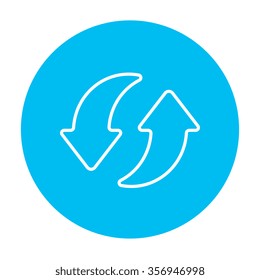 Two circular arrows line icon for web, mobile and infographics. Vector white icon on the blue gradient square with rounded corners isolated on white background.
