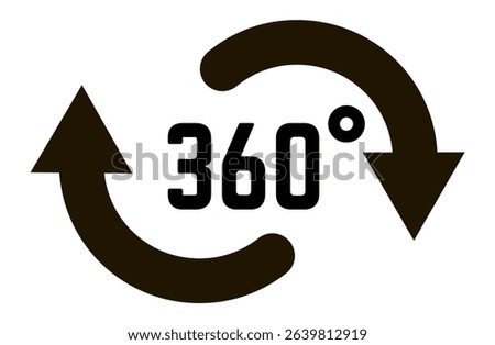 Two circular arrows rotating in opposite directions with the number 360 and a degree symbol creating a visual representation of a full rotation, ideal for virtual reality or panoramic view