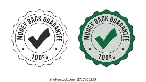 Dos insignias circulares que muestran una garantía de devolución de dinero con una marca de verificación presentada en blanco y negro y variaciones a todo color para garantizar la marca