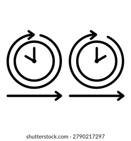 Two circular clock icons with hour and minute hands rotating clockwise connected by a horizontal arrow indicating progression