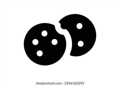 Two circular cookies are illustrated in black and white, one featuring a small bite taken out. Each cookie is decorated with a few dots, enhancing their sweet appearance.