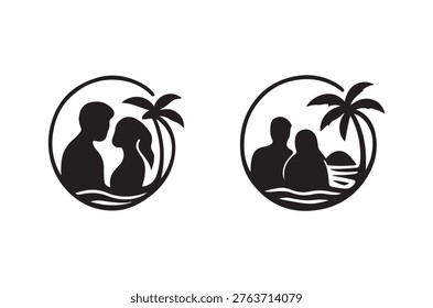 Two circular designs feature black silhouettes of couples amidst palm trees and ocean waves.