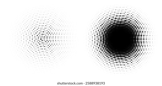 Two circular dot patterns on a white background, transitioning from dense black at the center to sparse edges. The design creates a minimalist and abstract visual, emphasizing contrast and symmetry.