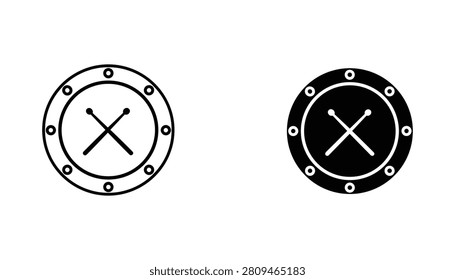 Two circular drum shield icons, one outlined and one solid black, featuring crossed drumsticks for professional music branding, percussion design, and studio identification.