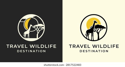 Two circular emblems depict giraffe silhouettes set against African landscapes, accompanied by the text 'Travel Wildlife Destination'.