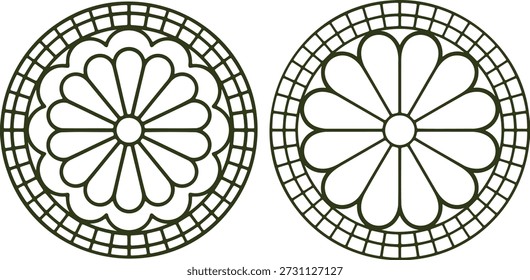 Dois padrões geométricos circulares ornamentais com contornos verde-escuros sobre um fundo branco simetria círculo