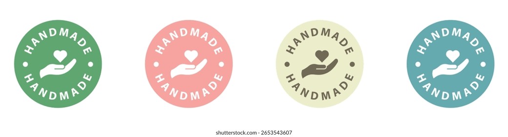 Two circular handmade label designs. One pink with a hand holding a heart, and one beige with a hand icon.