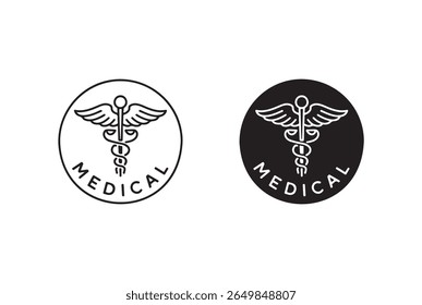Two circular icons featuring the Caduceus symbol, one in outline and the other as a solid black silhouette, both with the word "MEDICAL" inscribed. Isolated on white background.