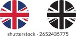 Two circular icons featuring the Union Jack flag. One is in full color, and the other is a silhouette in black, presented side-by-side on a white background.