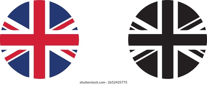 Dois ícones circulares com a bandeira Union Jack. Uma é em cores, e a outra é uma silhueta em preto, apresentada lado a lado sobre um fundo branco.