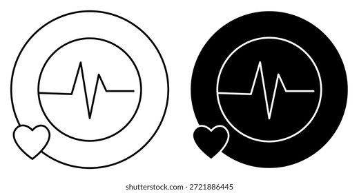 Dois ícones circulares, um preto e um branco, cada um contendo uma linha de ECG de batimento cardíaco e um pequeno símbolo cardíaco.