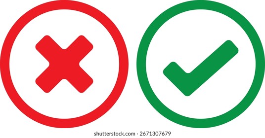 Dos iconos circulares, uno rojo con una cruz y otro verde con una marca de verificación, que representan elecciones incorrectas y correctas.