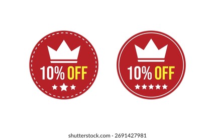 Zwei kreisförmige Symbole mit rotem Hintergrund, weißen Kronen, gelbem 10 % AUS und weißen Sternen sind einzeln auf weißem Hintergrund zu sehen.