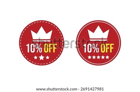 Two circular icons with red backgrounds, white crowns, yellow '10% OFF', and white stars, are isolated on a white background.