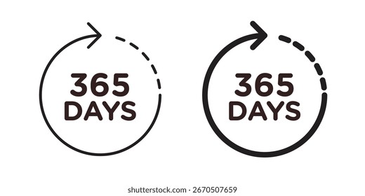 Dos iconos circulares que muestran "365 días" con flechas que indican un ciclo. Aislado en blanco.