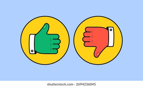 Dois ícones circulares mostrando um polegar verde para cima e um gesto de mão vermelha para baixo, desenho animado de ilustração vetorial de aprovação e desaprovação para sistemas de feedback, mídia social ou comunicação