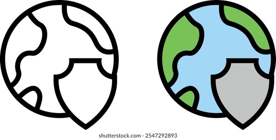 Two circular icons side by side, each showing a stylized Earth with a shield superimposed, representing global protection and security. 