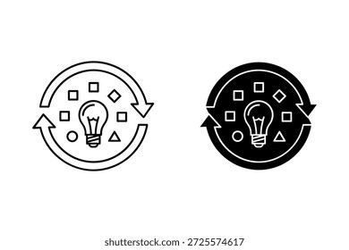 Two circular with lightbulb and geometric shapes surrounded by arrows circular lightbulb black and white