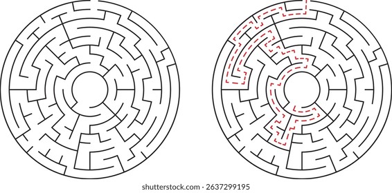 Two circular mazes one solved showing the path and one unsolved for conceptual design