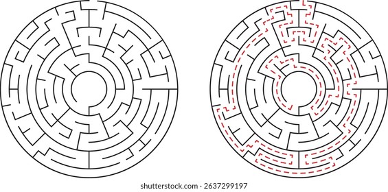 Two circular mazes one solved illustrating challenge problem solving decision making paths and strategy