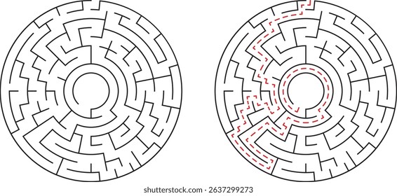 Two circular mazes one solved revealing the correct path through the complex labyrinthine puzzle