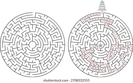Two circular mazes are shown side by side. The right maze has a small Santa Claus figure at the top entrance.
