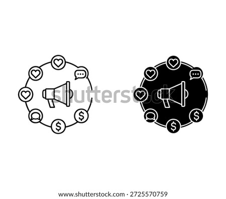 Two circular with megaphone and surrounding symbols in black and white circle outline